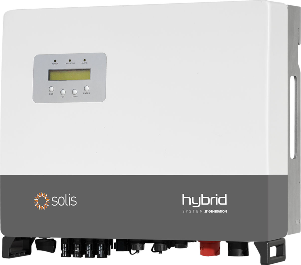 Solis Hybrid-Wechselrichter RHI-3P8K, Seitlichfrontale Ansicht, auf weißem Hintergrund