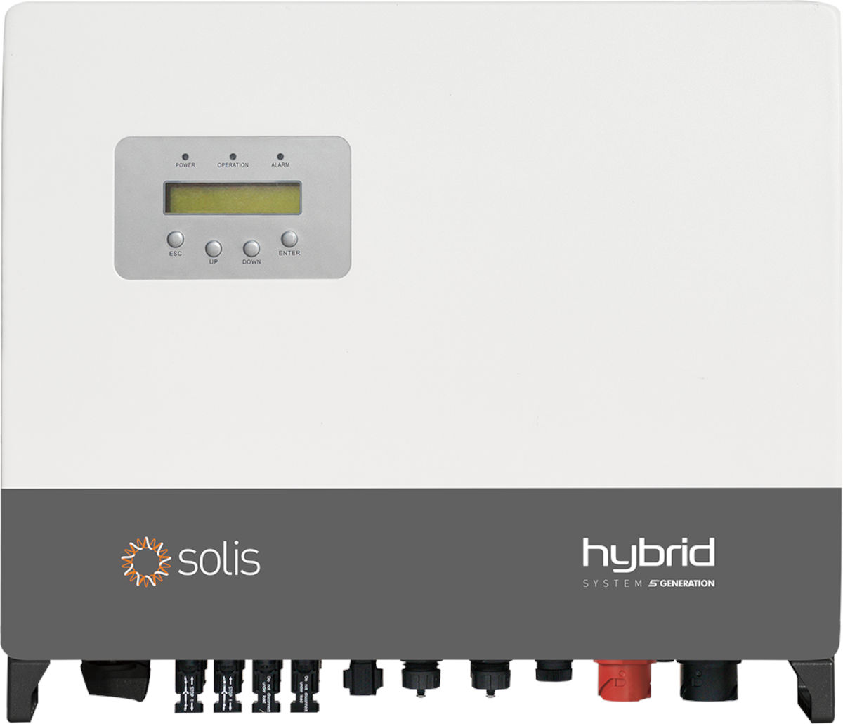 Solis Hybrid-Wechselrichter RHI-3P5K, Frontansicht, auf weißem Hintergrund
