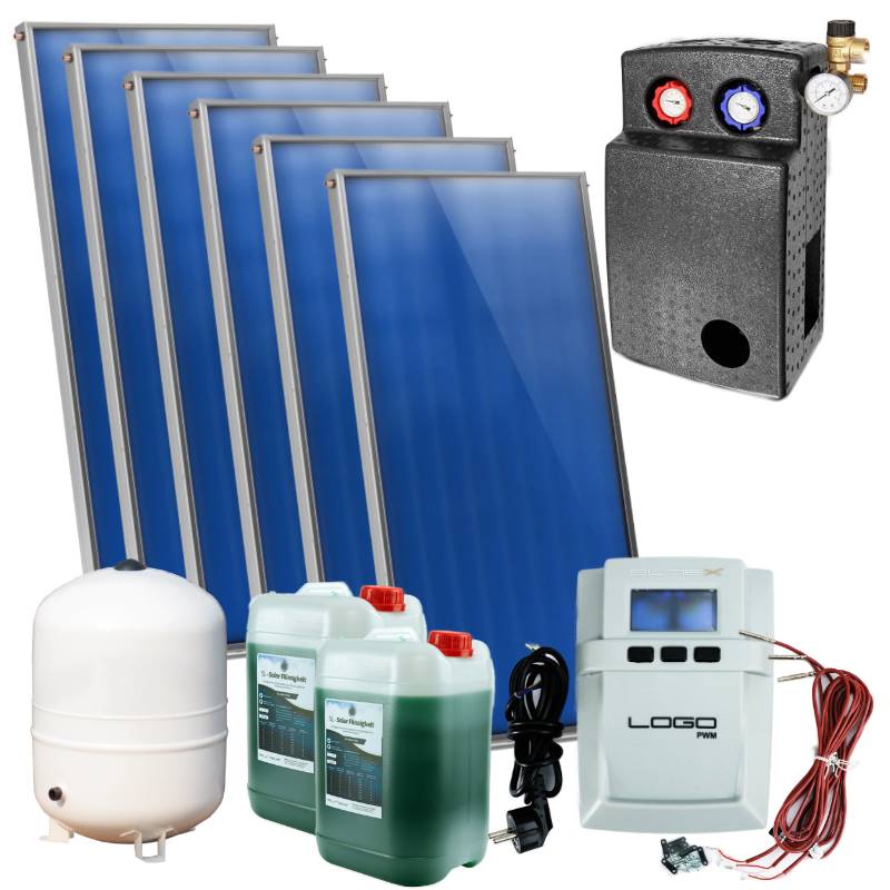Sunex AMP 2.0 Komplettset 6 Flachkollektoren Aufdach | Solar Perfect Sunex AMP 2.0 Komplettset 6 Flachkollektoren Aufdach, Komplettset, vor weißem Hintergrund