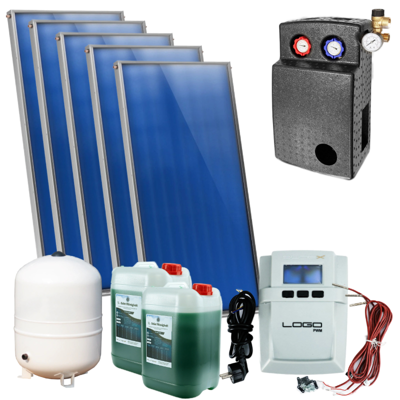 Sunex AMP 2.0 Komplettset 5 Flachkollektoren Aufdach | Solar Perfect Sunex AMP 2.0 Komplettset 5 Flachkollektoren Aufdach, Komplettset, vor weißem Hintergrund